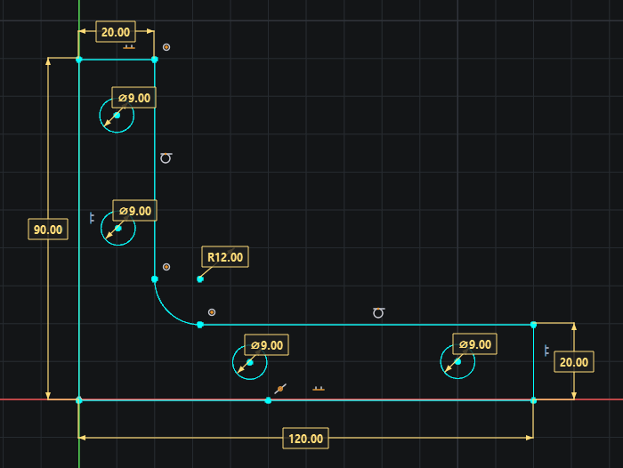 An angle bracket drawn in Pingendum 2D: a closed L-shaped profile 120.00 along the base and 90.00 up the upright, with a 20.00 wall on each leg and an R12.00 fillet at the inner corner where they meet. Four 9.00 diameter holes are drilled through, two in the base and two in the upright. Nine dimensions in all; the holes carry their diameters but no locating dimension.