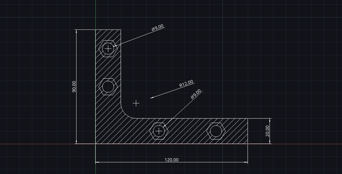 The same dimensioned angle bracket, now filled with ANSI31 45-degree section hatching that leaves all four holes clear. A hexagonal bolt head sits over each hole — four placements of one block, Bolt M8, made once and inserted four times.